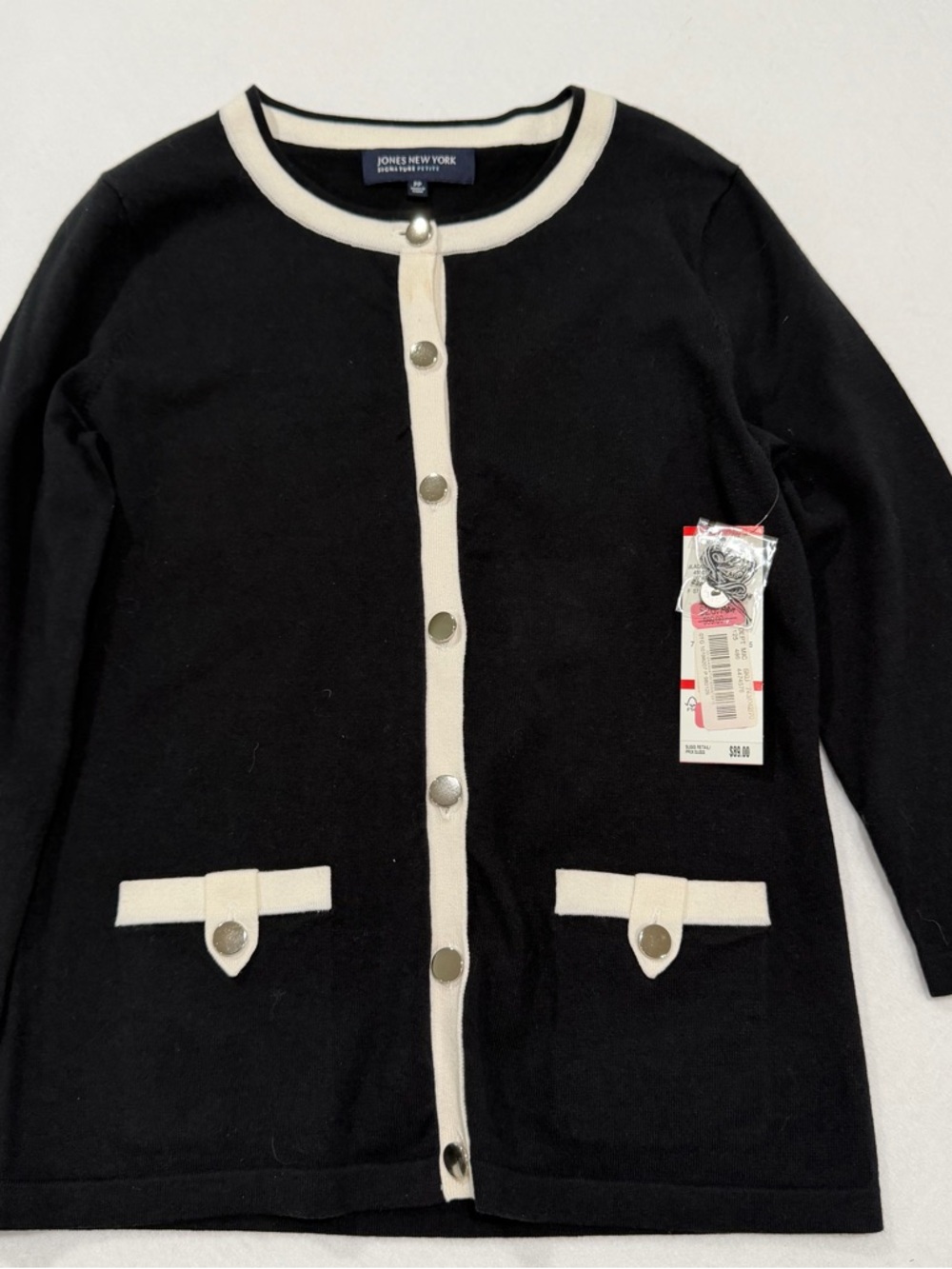 Jones New York Black & Cream Button Front Cardigan Size Petite Small